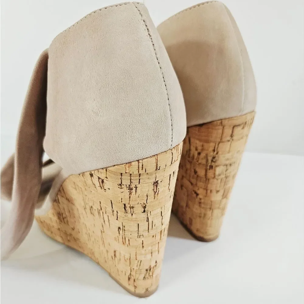 Saks Fifth Avenue Mckenna Cork & Suede Leather Wrap Platform Wedge Sandals 8.5